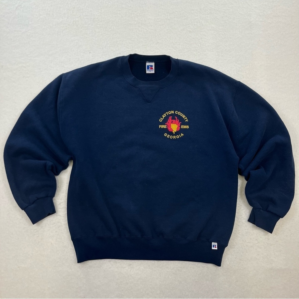 Vintage Russell Georgia Fire and EMS Navy Blue Crewneck Sweatshirt Size XL